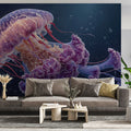 Bioluminescent Bell Jellyfish Mural Wallpaper — Deep Sea Style Mural Wallpaper - room preview 02