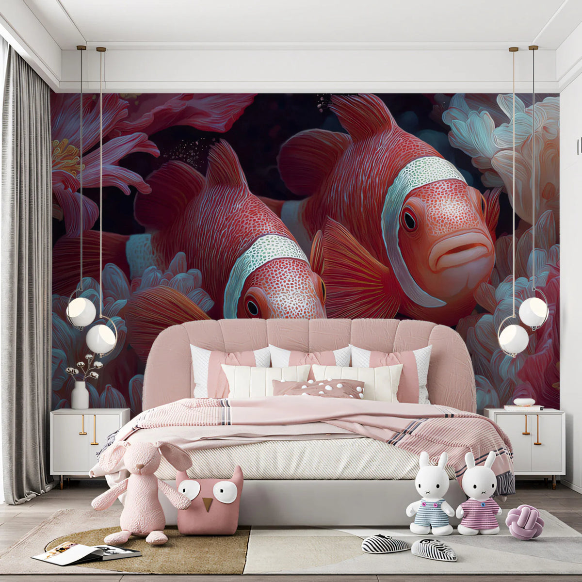 Macro Clownfish and Anemone Mural Wallpaper — Surreal Floral Art Mural Wallpaper - room preview 02