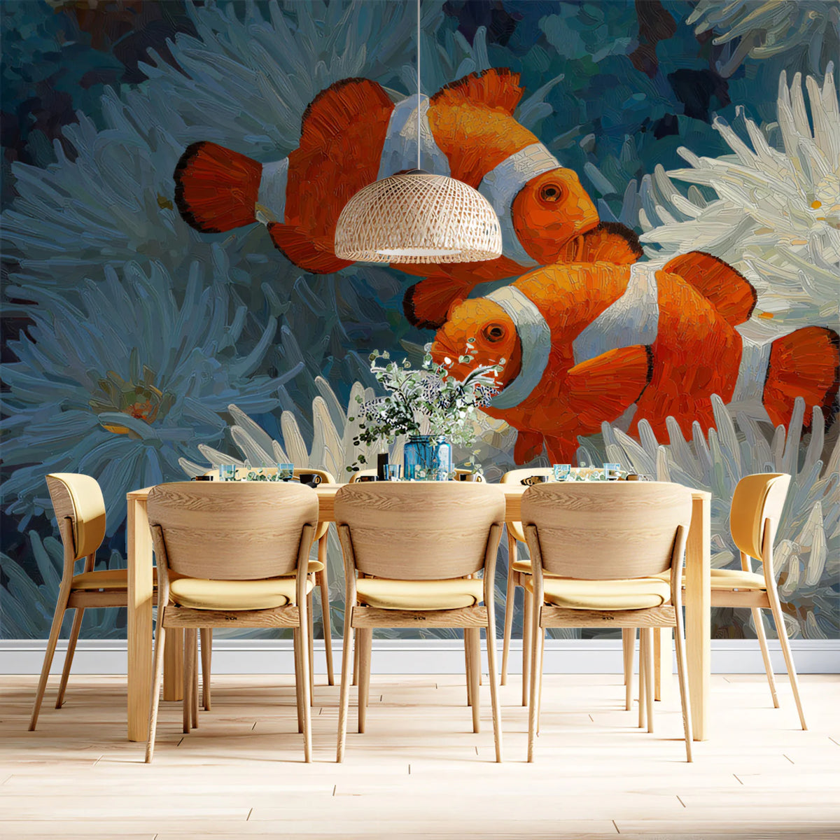 Clownfish and White Anemone Impasto Mural Wallpaper - room preview 02