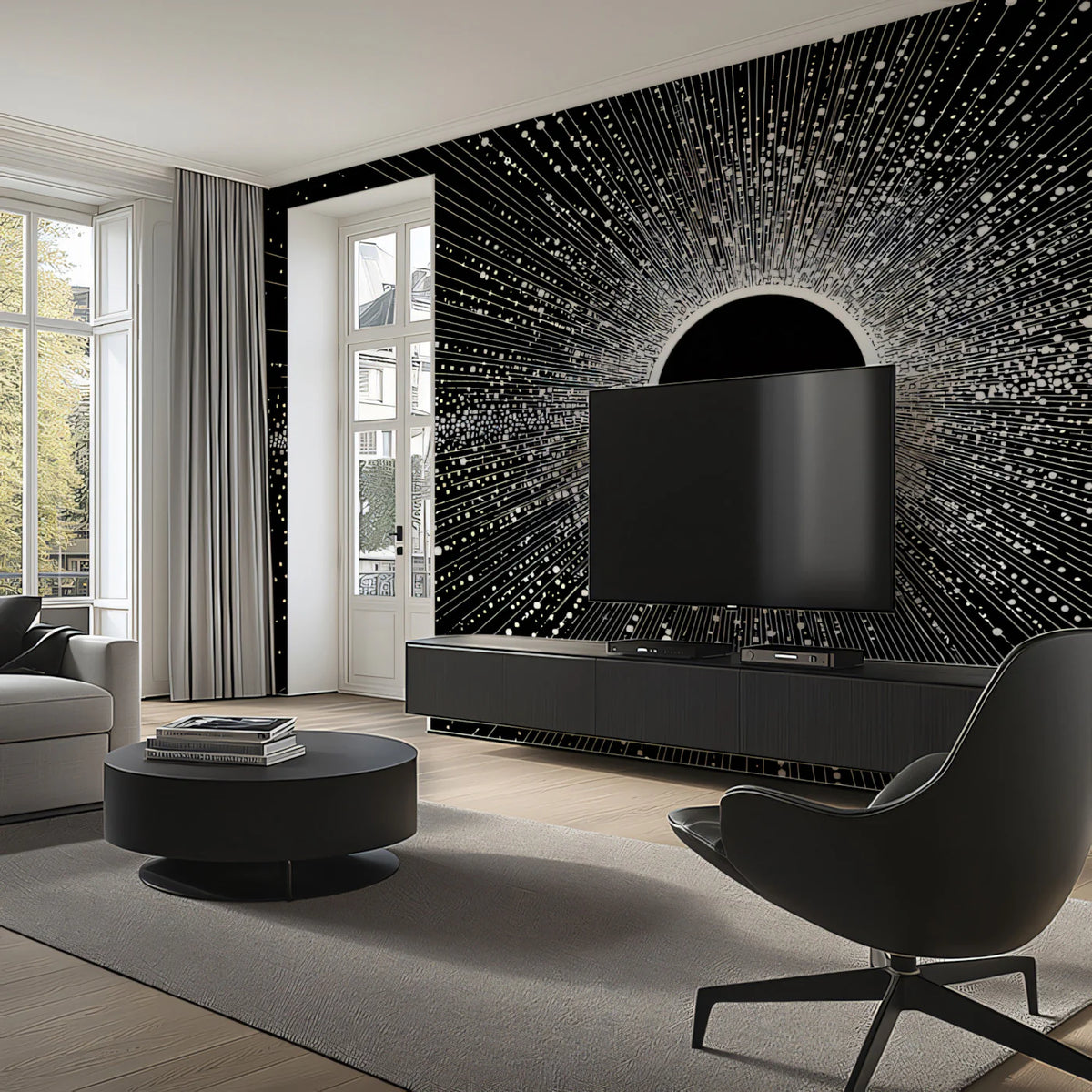 Radial Light Burst Mural Wallpaper — High-Contrast Geometric Abstract Mural Wallpaper - room preview 02