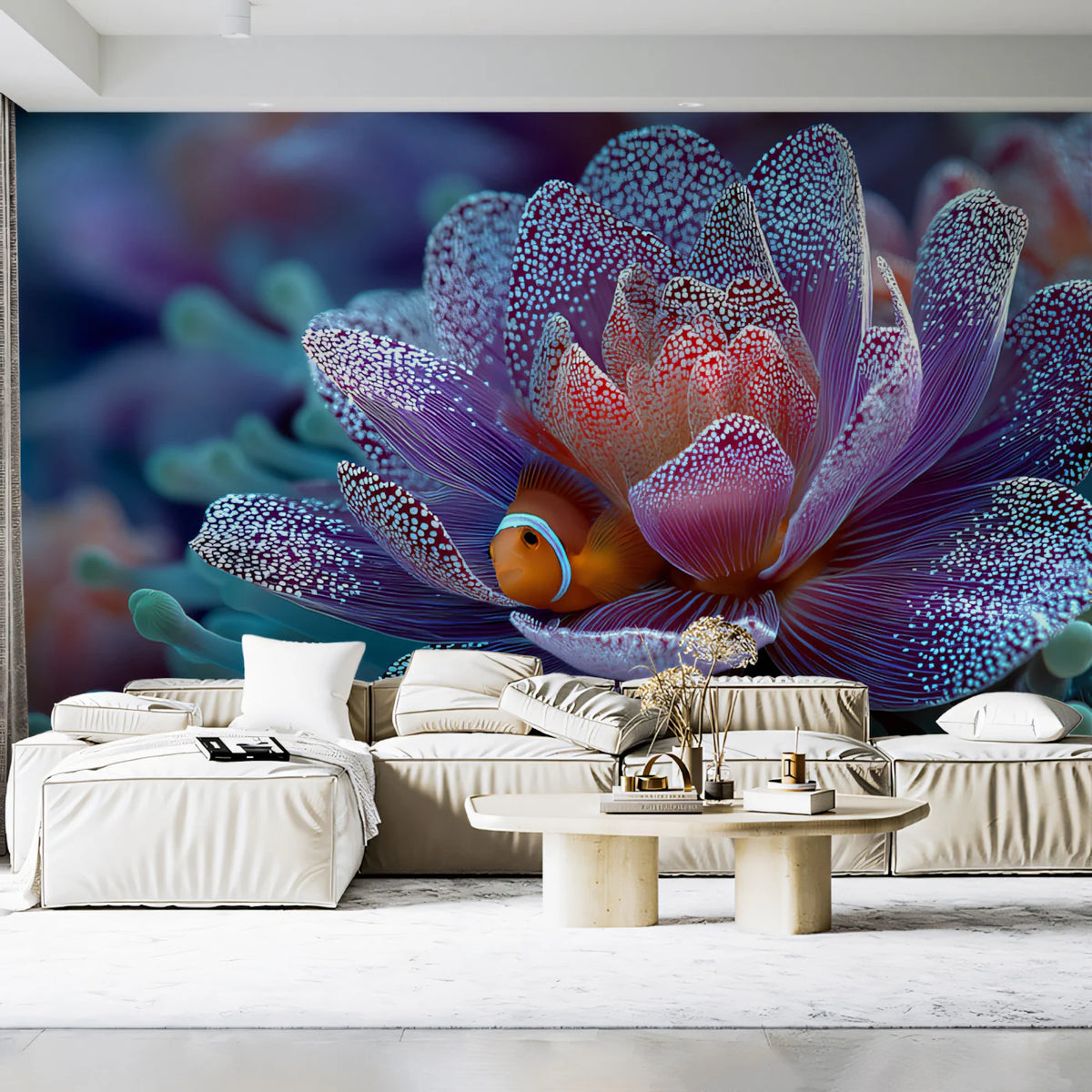 Clownfish in Purple Anemone Mural Wallpaper — Surreal Macro Floral Mural Wallpaper - room preview 02