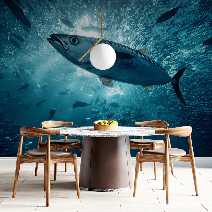 Sea Life Wallpaper Mural – Ocean Life Wall Mural – Tuna Vortex Underwater — Realistic Aquatic Scene