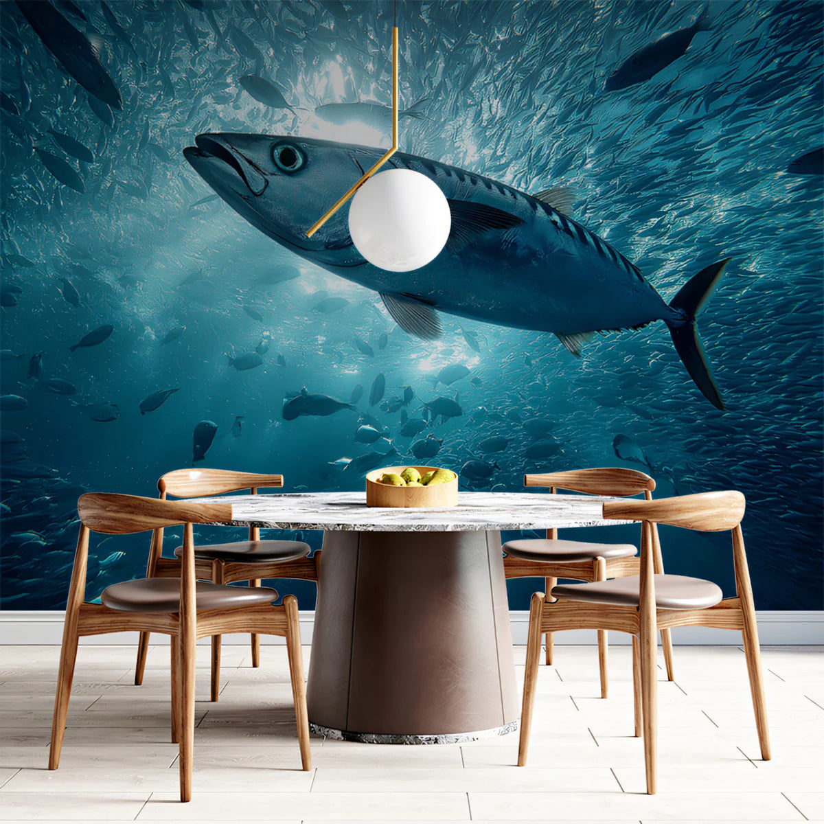 Tuna Vortex Underwater Mural Wallpaper — Realistic Aquatic Scene Mural Wallpaper - room preview 02