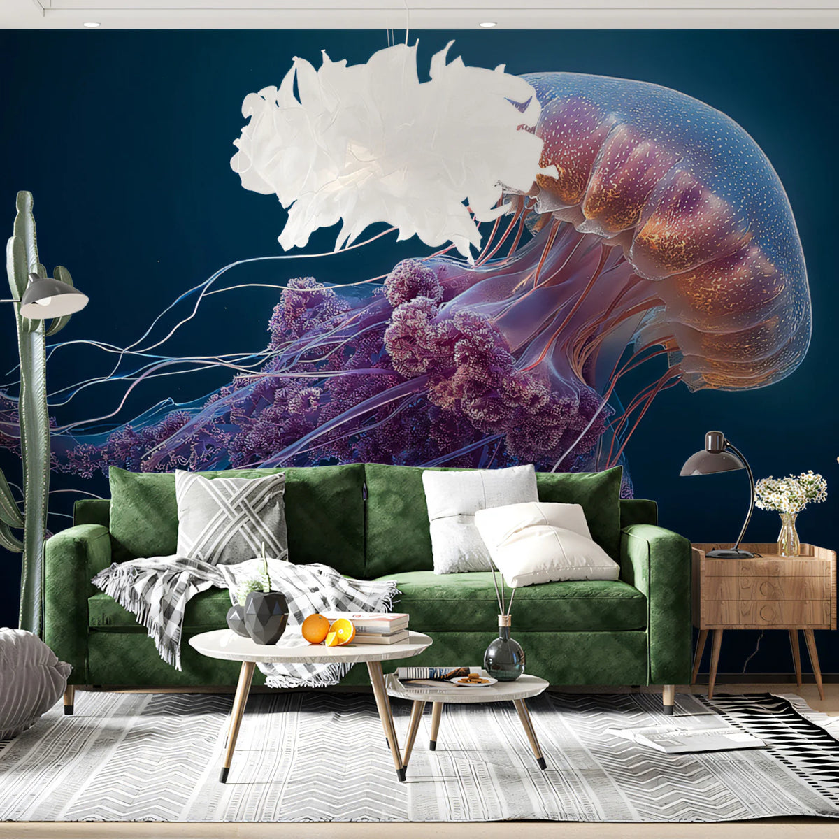 Bioluminescent Jellyfish Mural Wallpaper — Deep Sea Drama Mural Wallpaper - room preview 02