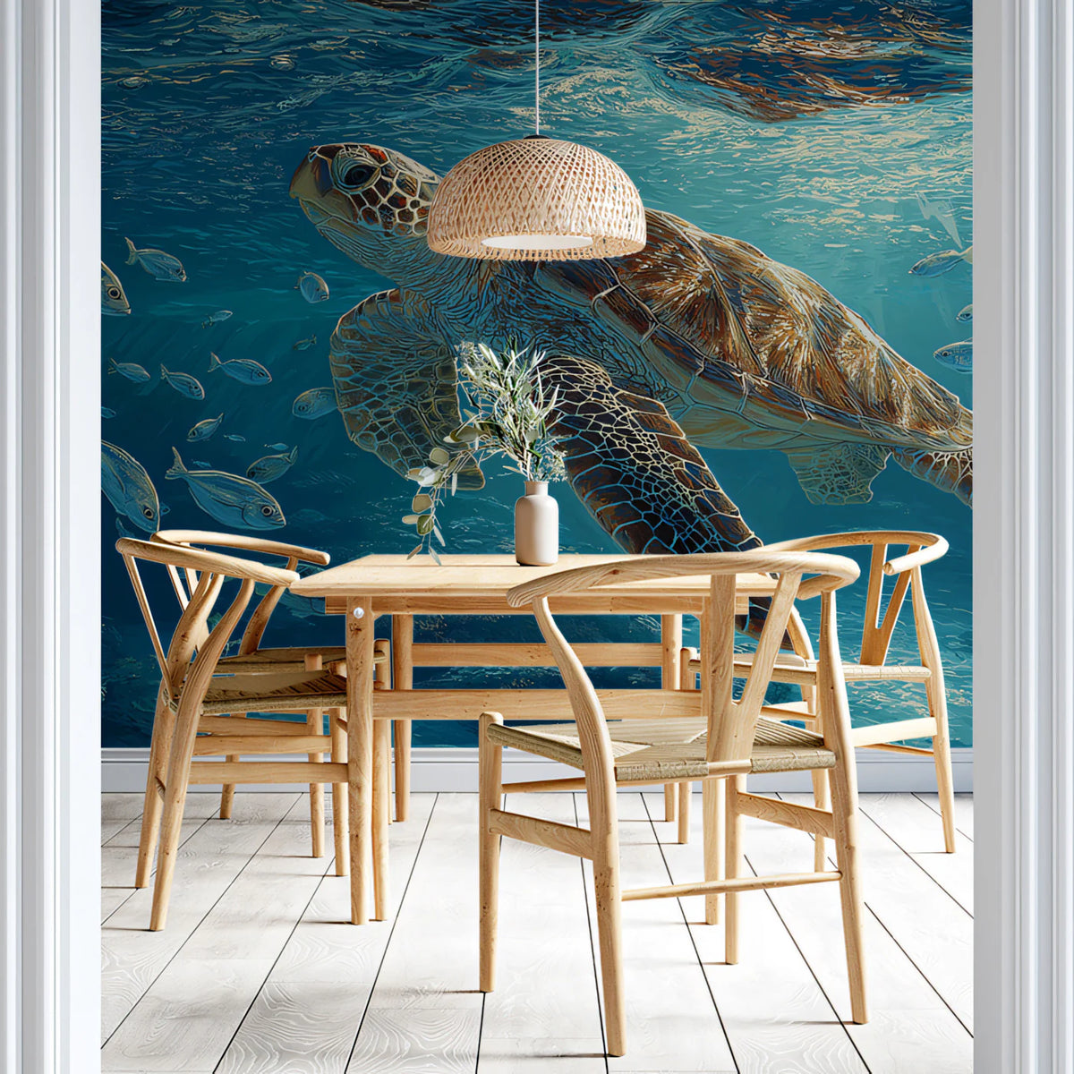 Oceanic Sea Turtle Mural Wallpaper — Coastal Blue Underwater Scene Mural Wallpaper - room preview 02