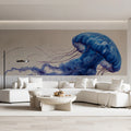 Floating Blue Jellyfish Mural Wallpaper — Abstract Marine Art Mural Wallpaper - room preview 02