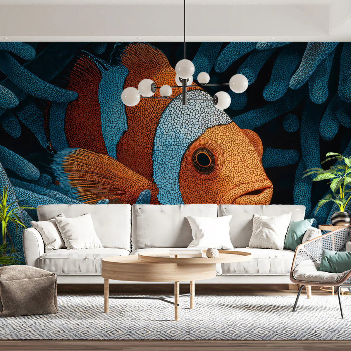 Clownfish Pointillist Mural Wallpaper — Vibrant Aquatic Art Mural Wallpaper - room preview 02
