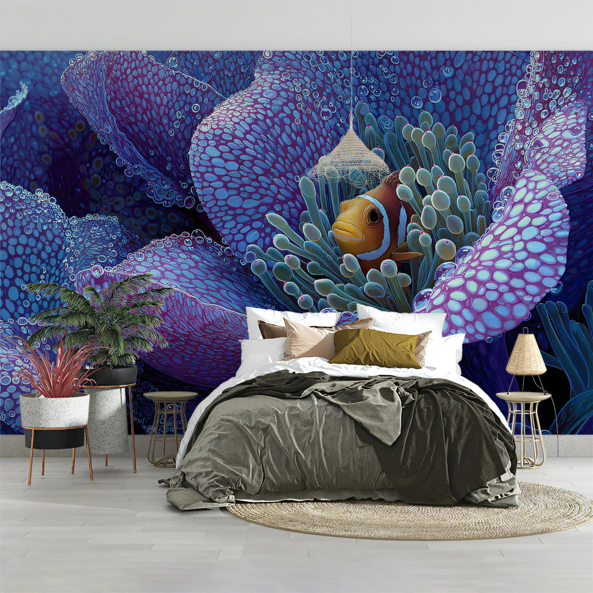 Anemone and Clownfish Macro Mural Wallpaper — Electric Violet Mural Wallpaper - room preview 02