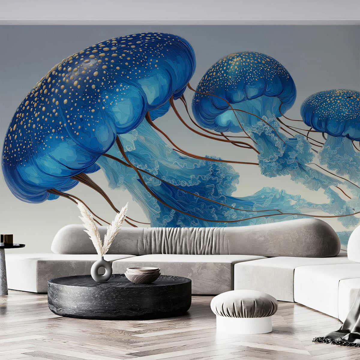 Floating Blue Jellyfish Trio Mural Wallpaper — Stylized Marine Art Mural Wallpaper - room preview 02