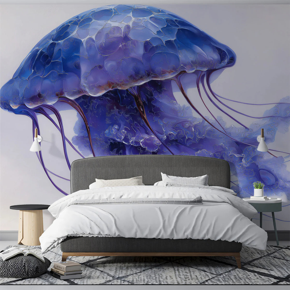 Ethereal Jellyfish Mural Wallpaper — Painted Deep Blue Art Mural Wallpaper - room preview 02