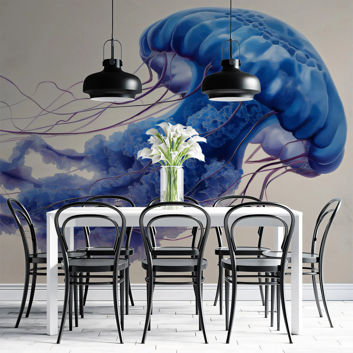 Deep Blue Jellyfish Mural Wallpaper — Artistic Marine Statement Mural Wallpaper - room preview 02