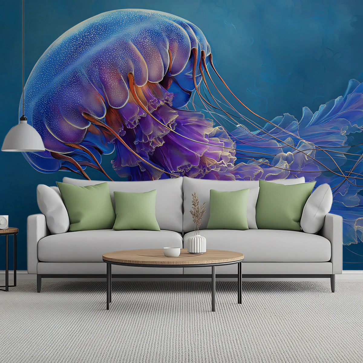 Bioluminescent Jellyfish Mural Wallpaper — Ethereal Ocean Deep Mural Wallpaper - room preview 02