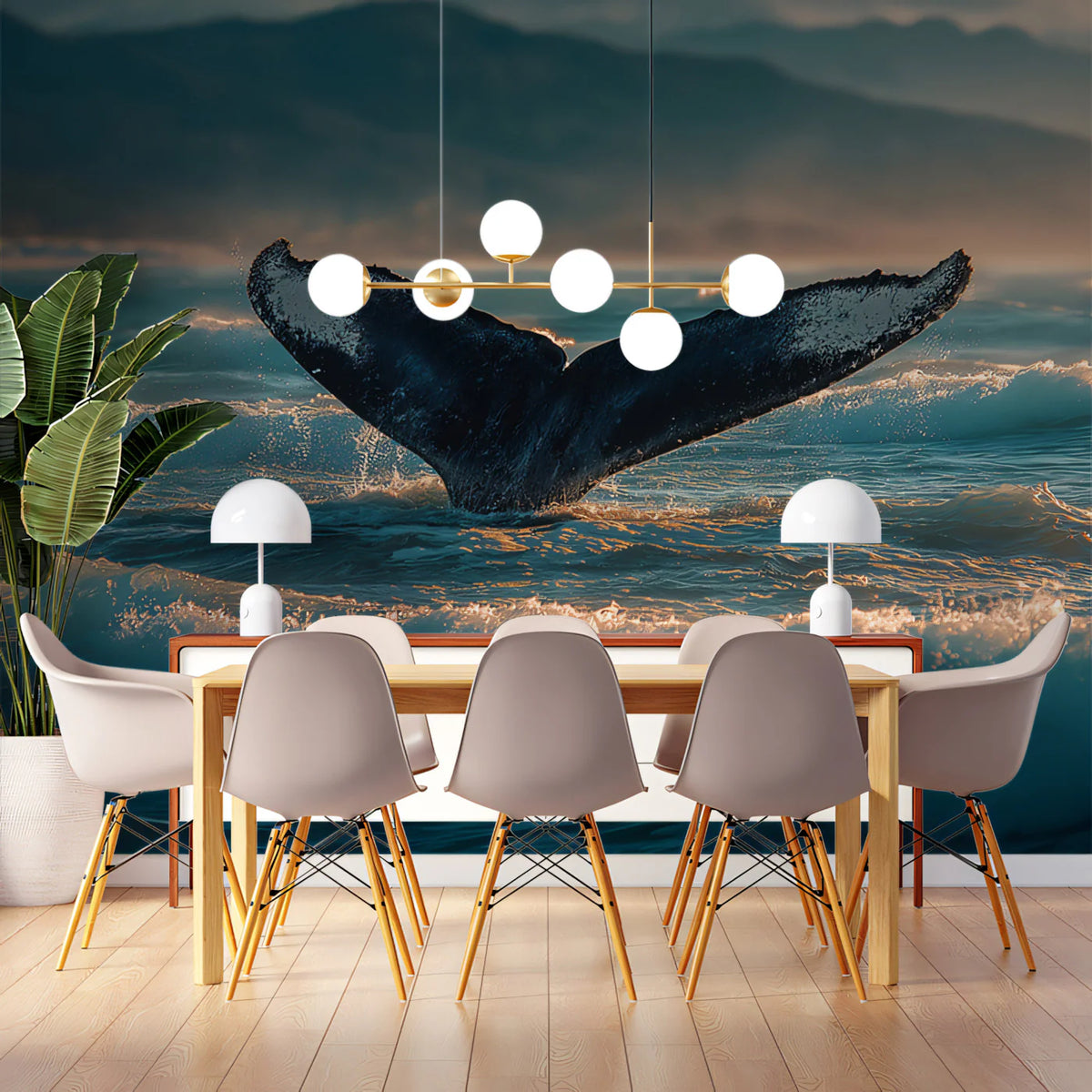 Whale Fluke Coastal Mural Wallpaper — Sunset Ocean Landscape Mural Wallpaper - room preview 02