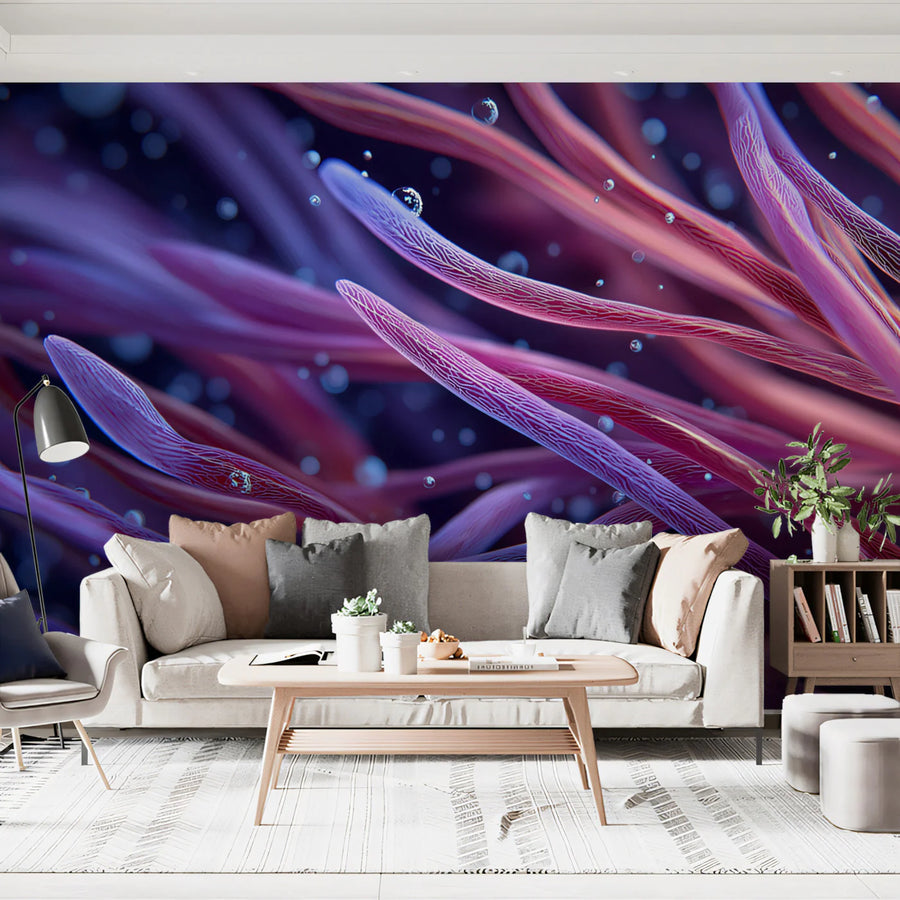 Coral Wallpaper Mural – Reef Wall Mural – Bioluminescent Anemone — Abstract Deep Sea Flow