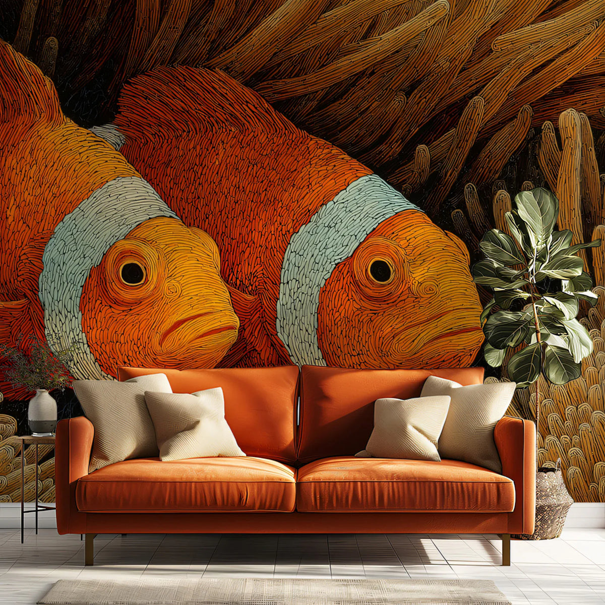 Clownfish and Anemone Mural Wallpaper — Intricate Macro Art Mural Wallpaper - room preview 02