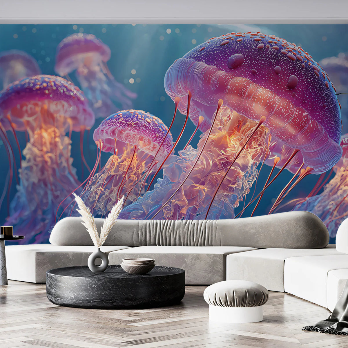 Bioluminescent Jellyfish Swarm Mural Wallpaper — Vibrant Underwater Mural Wallpaper - room preview 02