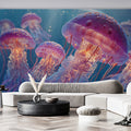 Bioluminescent Jellyfish Swarm Mural Wallpaper — Vibrant Underwater Mural Wallpaper - room preview 02