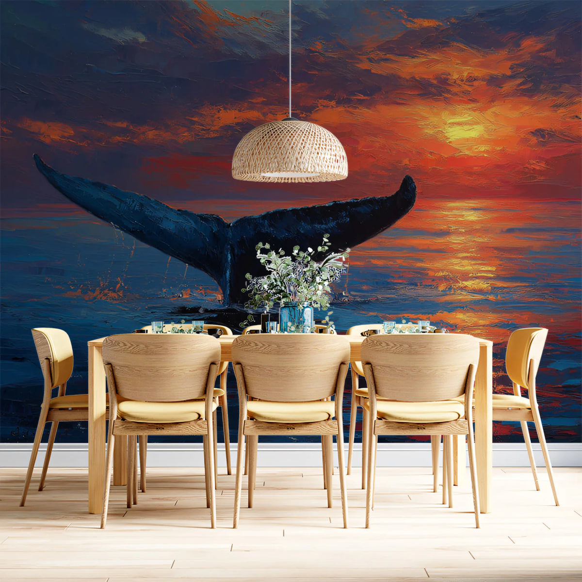 Impasto Sunset Whale Fluke Mural Wallpaper —Expressive Ocean Art Mural Wallpaper - room preview 02