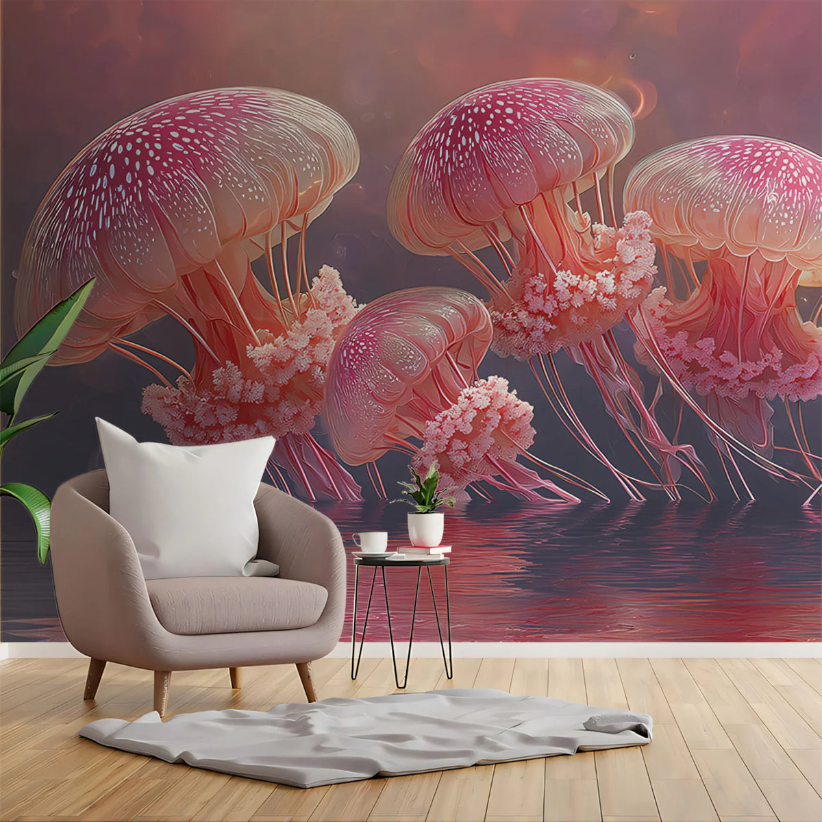 Floating Pink Jellyfish Mural Wallpaper — Ethereal Aquatic Scene Mural Wallpaper - room preview 02