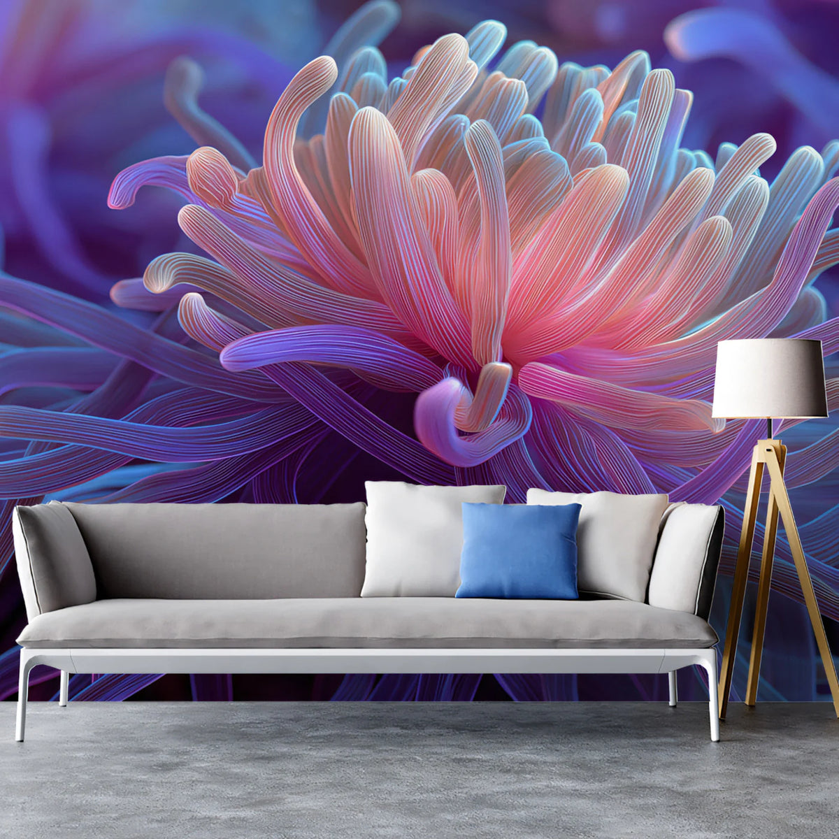 Bioluminescent Sea Anemone Mural Wallpaper — Macro Floral Fantasy Mural Wallpaper - room preview 02
