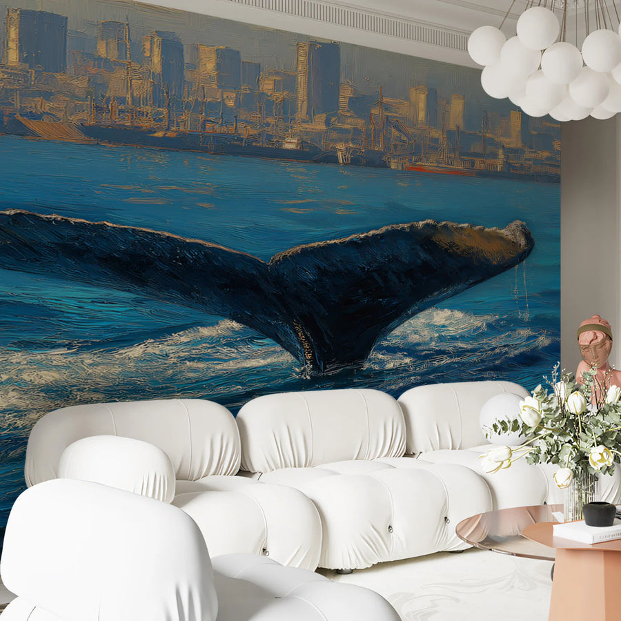 Whale Wallpaper Mural – Ocean Wall Mural – Whale Tail and City Skyline — Artistic Oil Painting