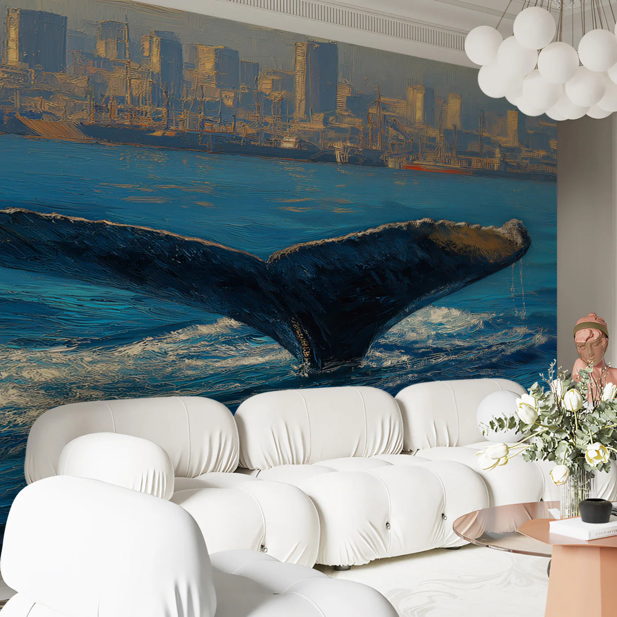 Whale Tail and City Skyline Mural Wallpaper — Artistic Oil Painting Mural Wallpaper - room preview 02