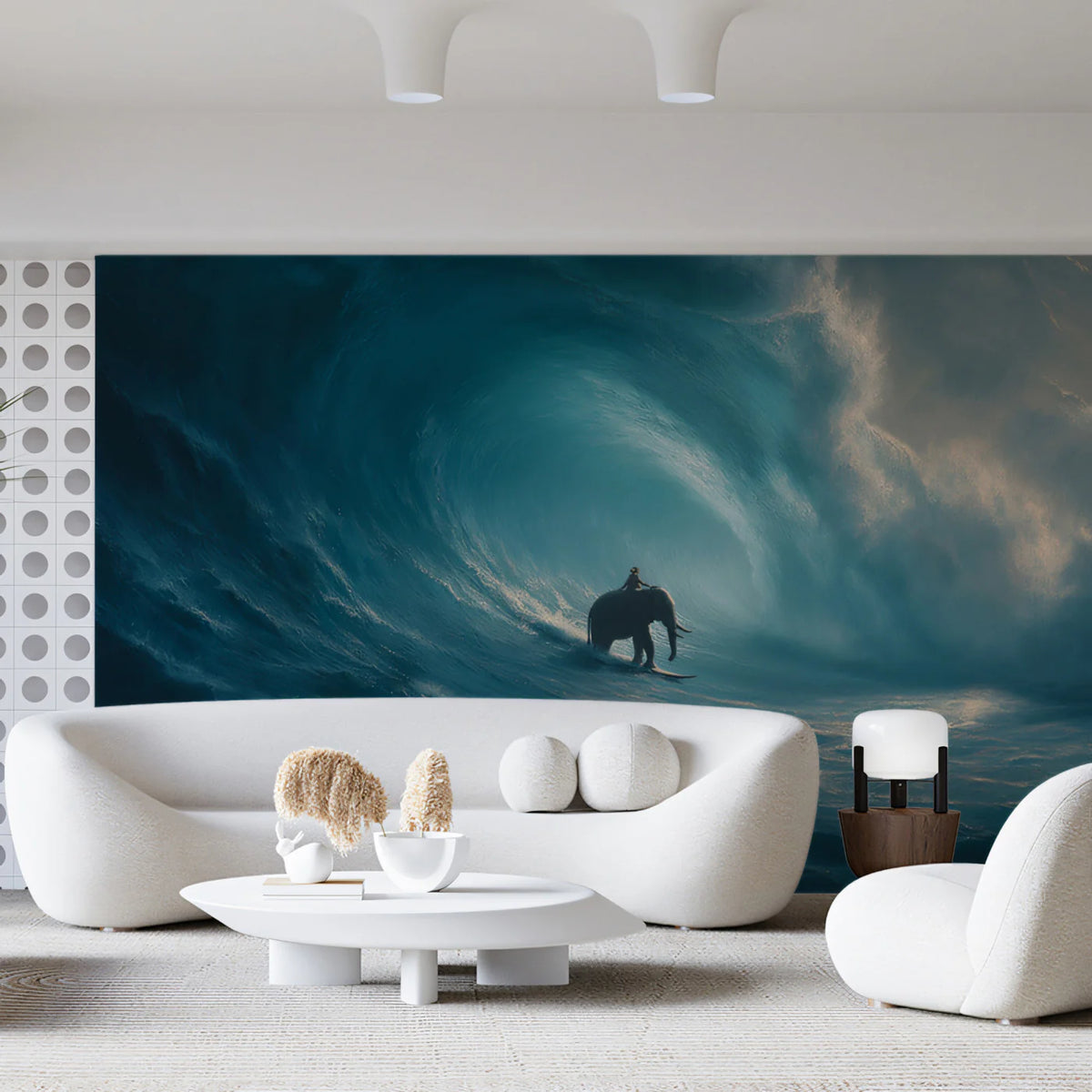 Elephant Surfing Giant Wave Mural Wallpaper — Moody Ocean Scene Mural Wallpaper - room preview 02