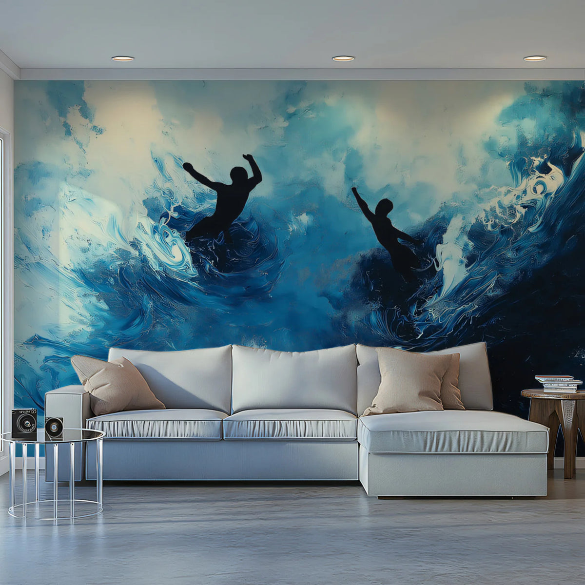 Swimmers in Turbulent Water Mural Wallpaper — High Contrast Art Mural Wallpaper - room preview 02