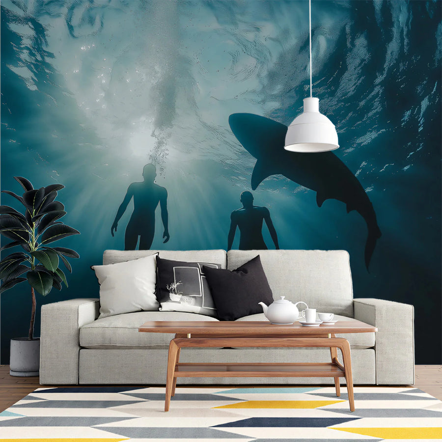 Sea Wallpaper Mural – Ocean Wall Mural – Deep Ocean Shark Silhouette — Cinematic Underwater