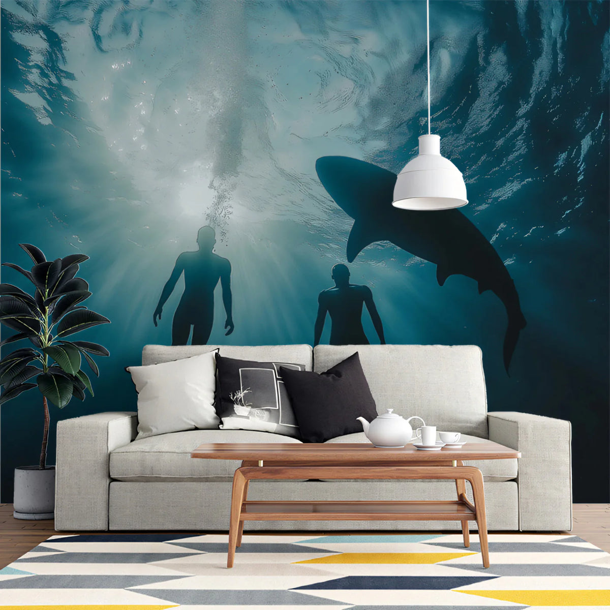 Deep Ocean Shark Silhouette Mural Wallpaper — Cinematic Underwater Mural Wallpaper - room preview 02