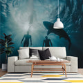 Deep Ocean Shark Silhouette Mural Wallpaper — Cinematic Underwater Mural Wallpaper - room preview 02