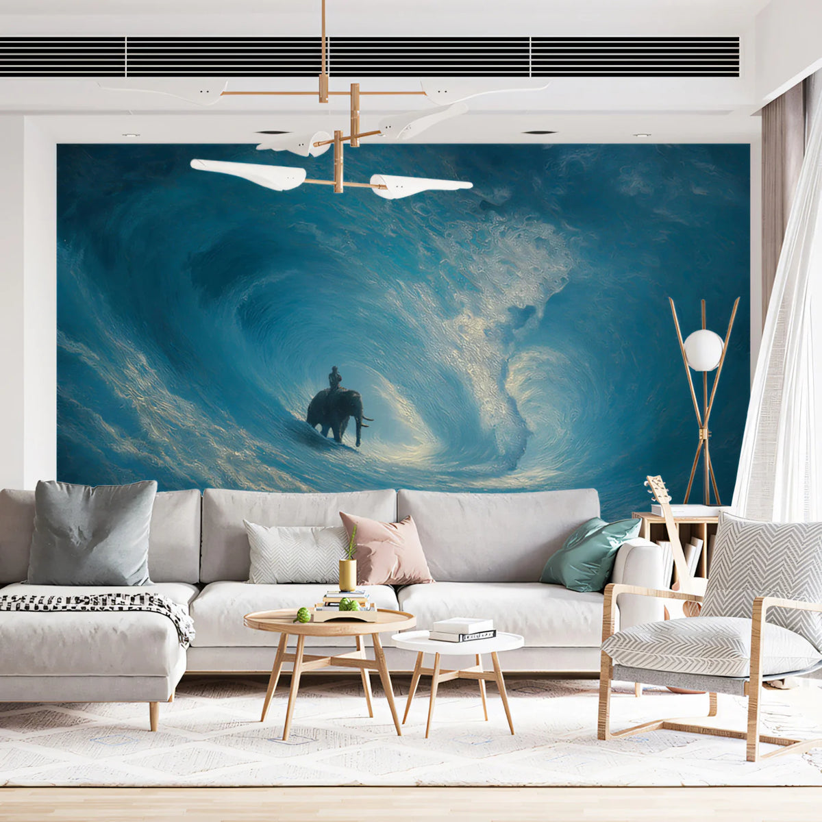 Elephant and Wave Mural Wallpaper — Impressionistic Deep Blue Art Mural Wallpaper - room preview 02