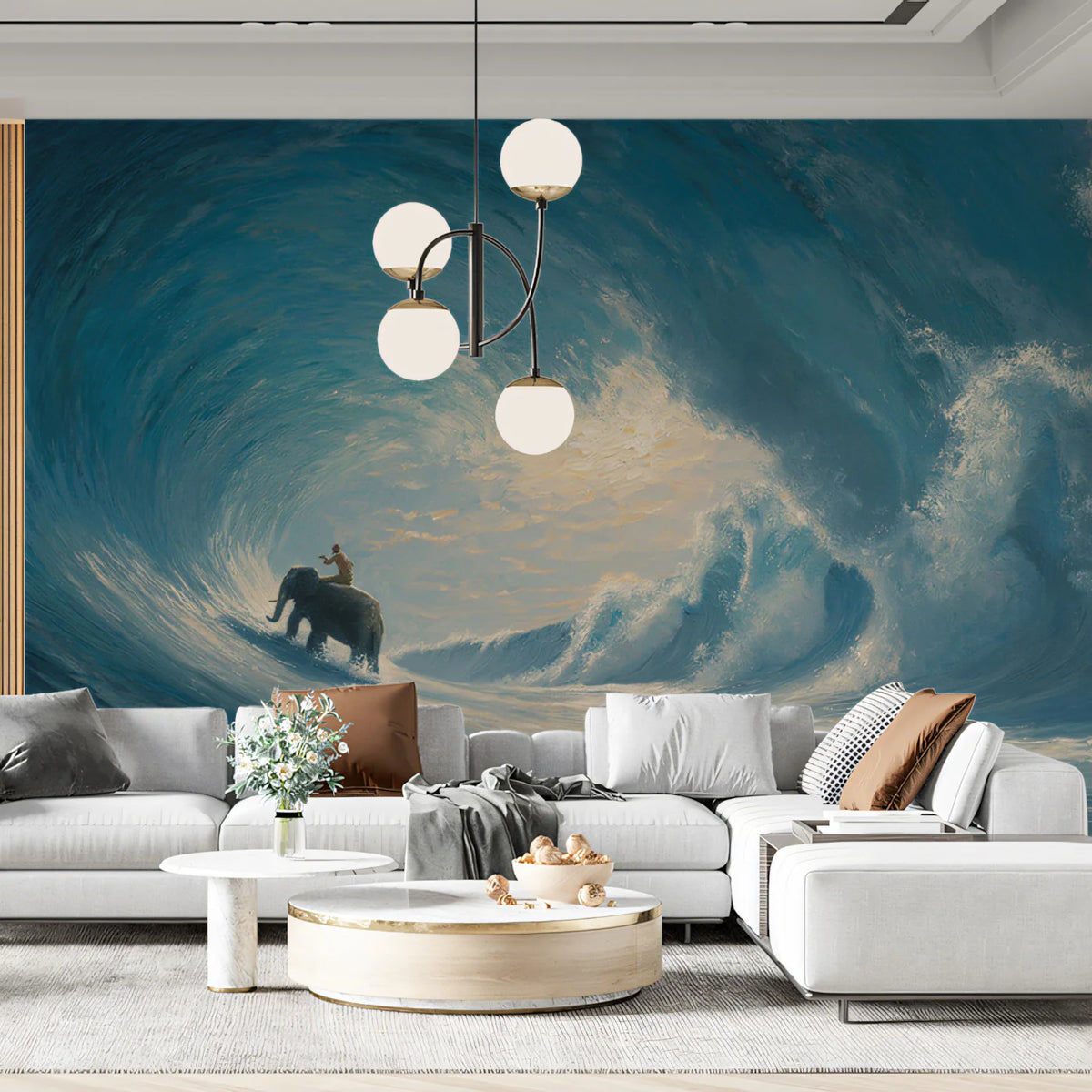 Elephant Surfing Barrel Mural Wallpaper — Expressive Oil Painting Mural Wallpaper - room preview 02