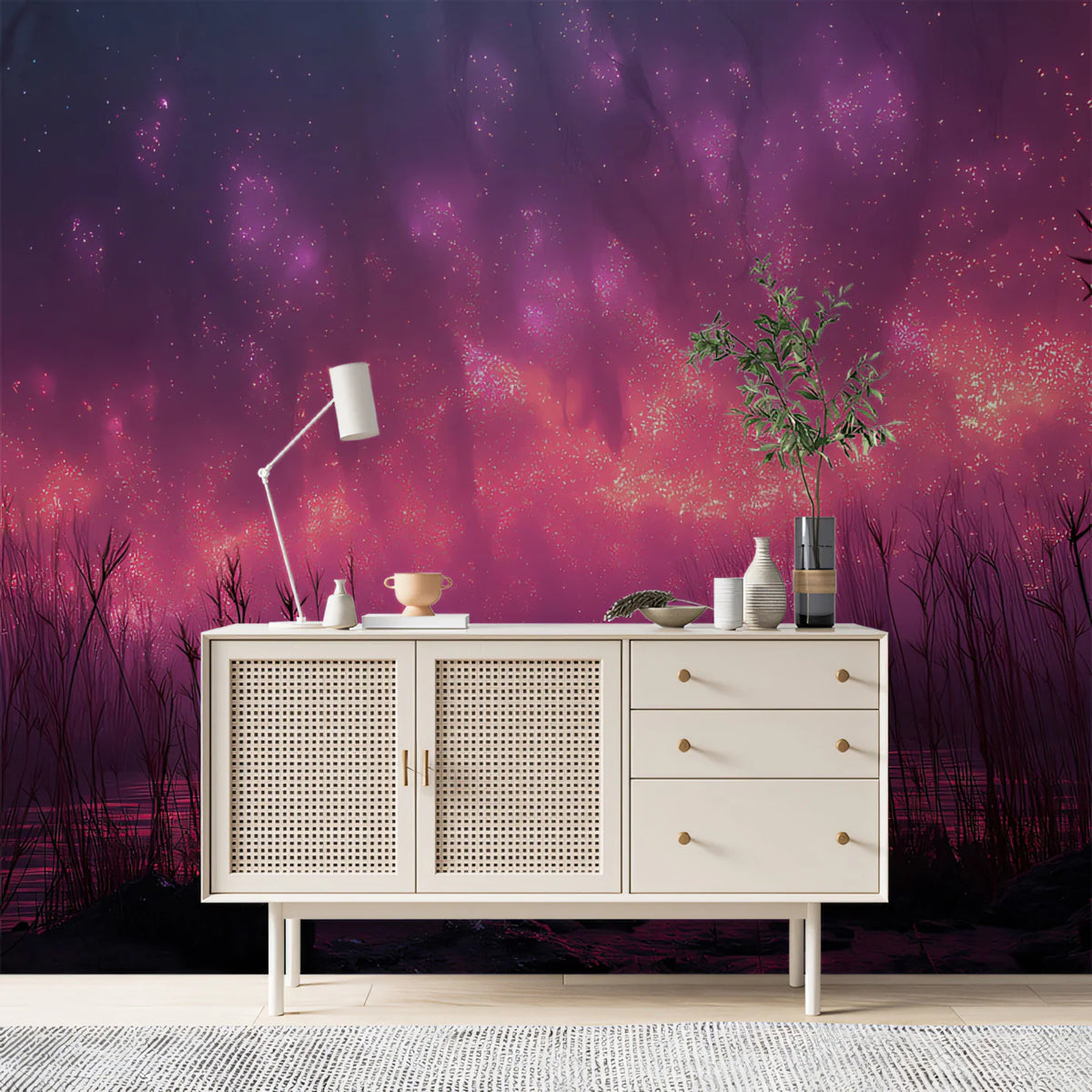 Bioluminescent Marsh Mural Wallpaper — Ethereal Neon Nightscape Mural Wallpaper - room preview 02