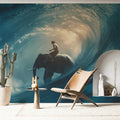 Elephant Rider Wave Mural Wallpaper — Moody Deep Teal Ocean Scene Mural Wallpaper - room preview 02