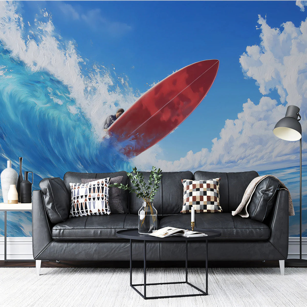 Surfboard Wave Crest Mural Wallpaper — Dynamic Painterly Ocean Art Mural Wallpaper - room preview 02