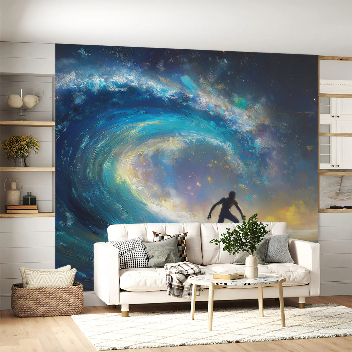 Cosmic Surfer Wave Mural Wallpaper — Impressionist Night Ocean Scene Mural Wallpaper - room preview 02