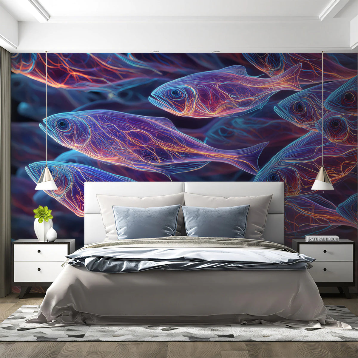 Neon School of Fish Mural Wallpaper — Abstract Bioluminescent Art Mural Wallpaper - room preview 02