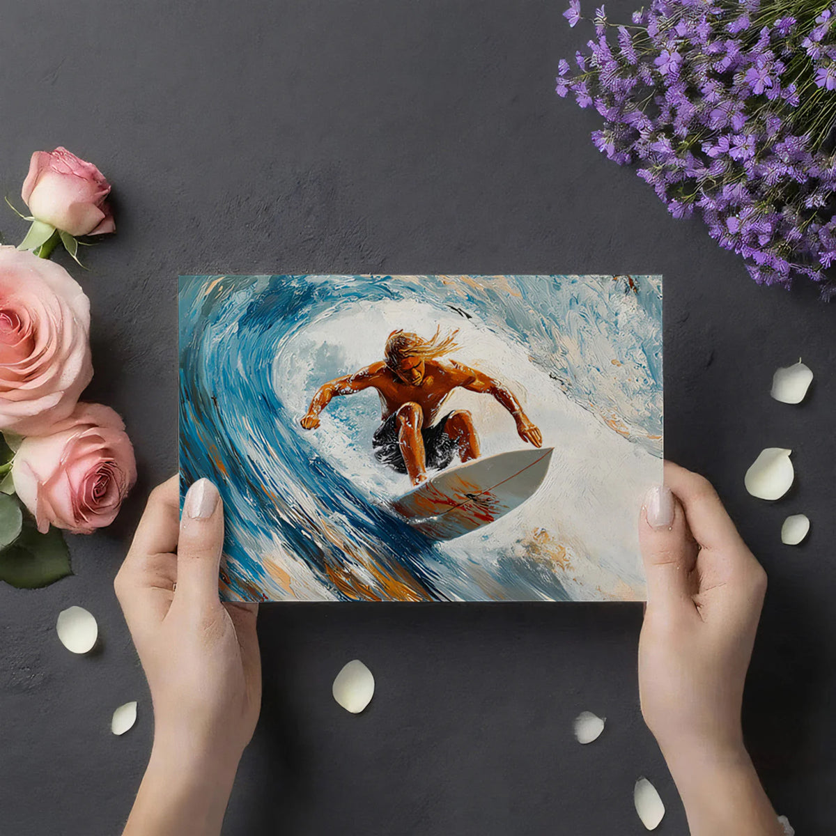 Surfer Wave Impasto Oil Painting Mural — Coastal Action Decor Mural Wallpaper - room preview 02