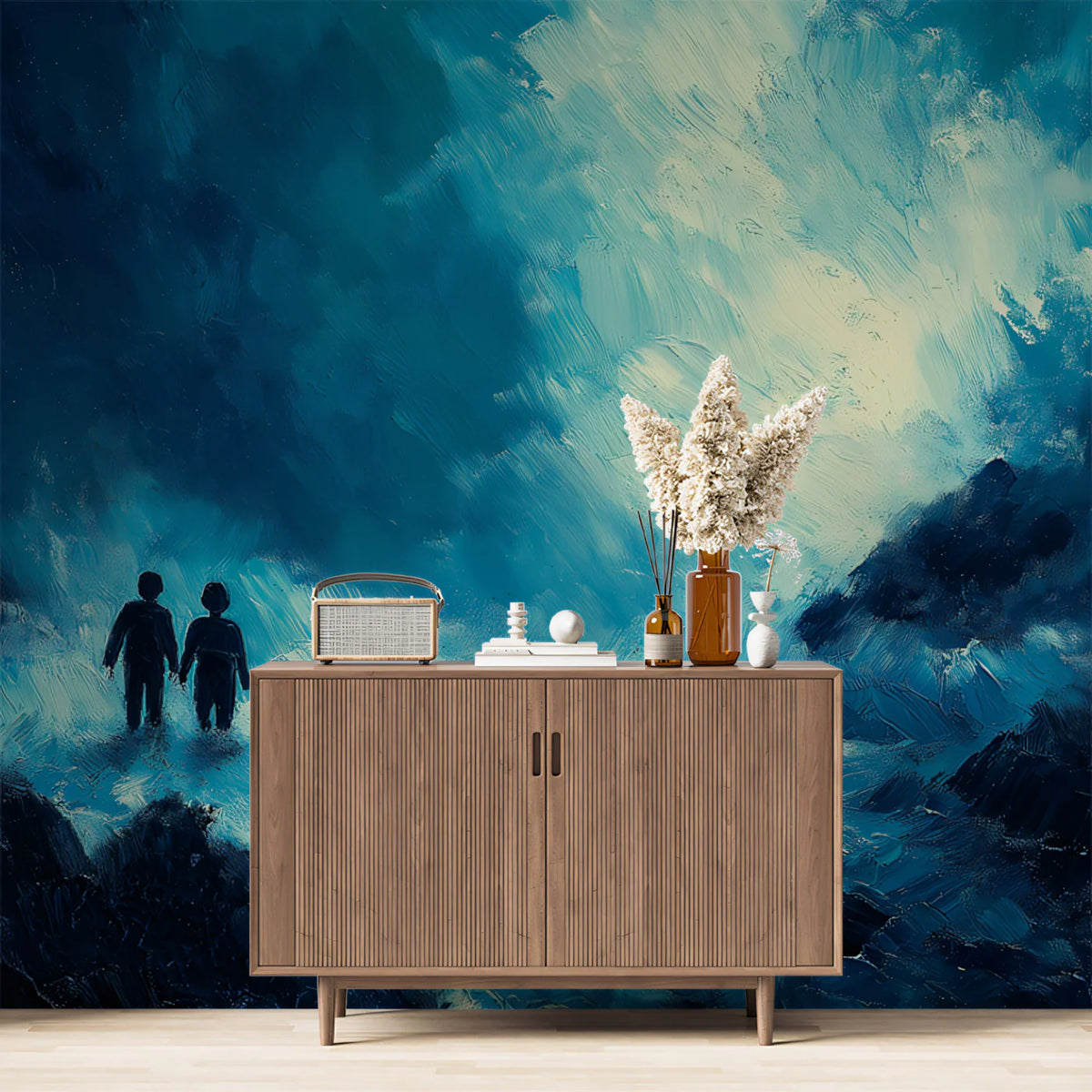 Silhouettes in Dark Water Gorge Mural Wallpaper — Abstract Oil Painting Mural Wallpaper - room preview 02
