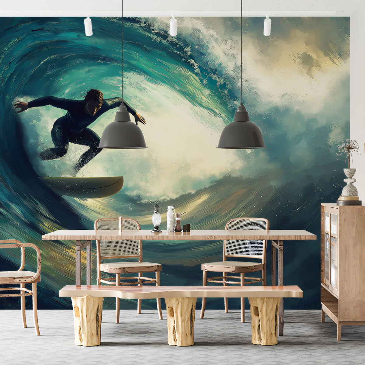 Ocean Surfer Barrel Wave Mural Wallpaper — Moody Cinematic Art Mural Wallpaper - room preview 02