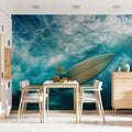 Submerged Surfboard Wave Mural Wallpaper — Moody Coastal Art Mural Wallpaper - room preview 02