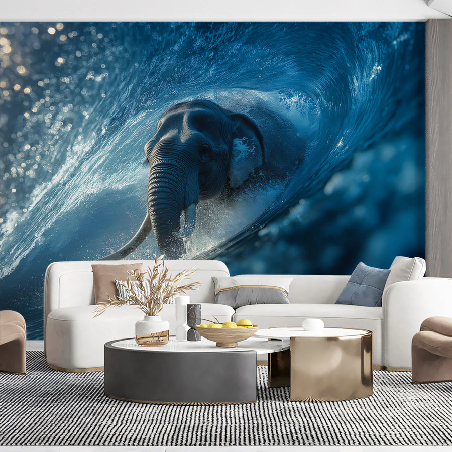 Papier Peint Mural Éléphant Surfant sur une Vague en Tonneau — Papier Peint Mural Surréalisme Énergique