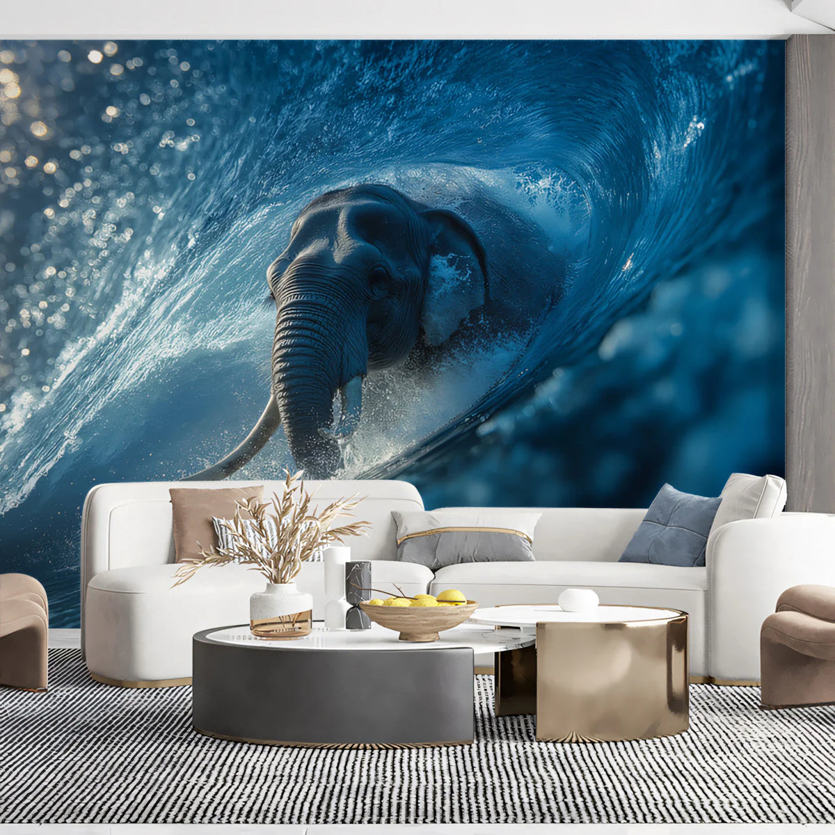 Elephant Surfing Barrel Wave Mural Wallpaper — Energetic Surrealism Mural Wallpaper - room preview 02