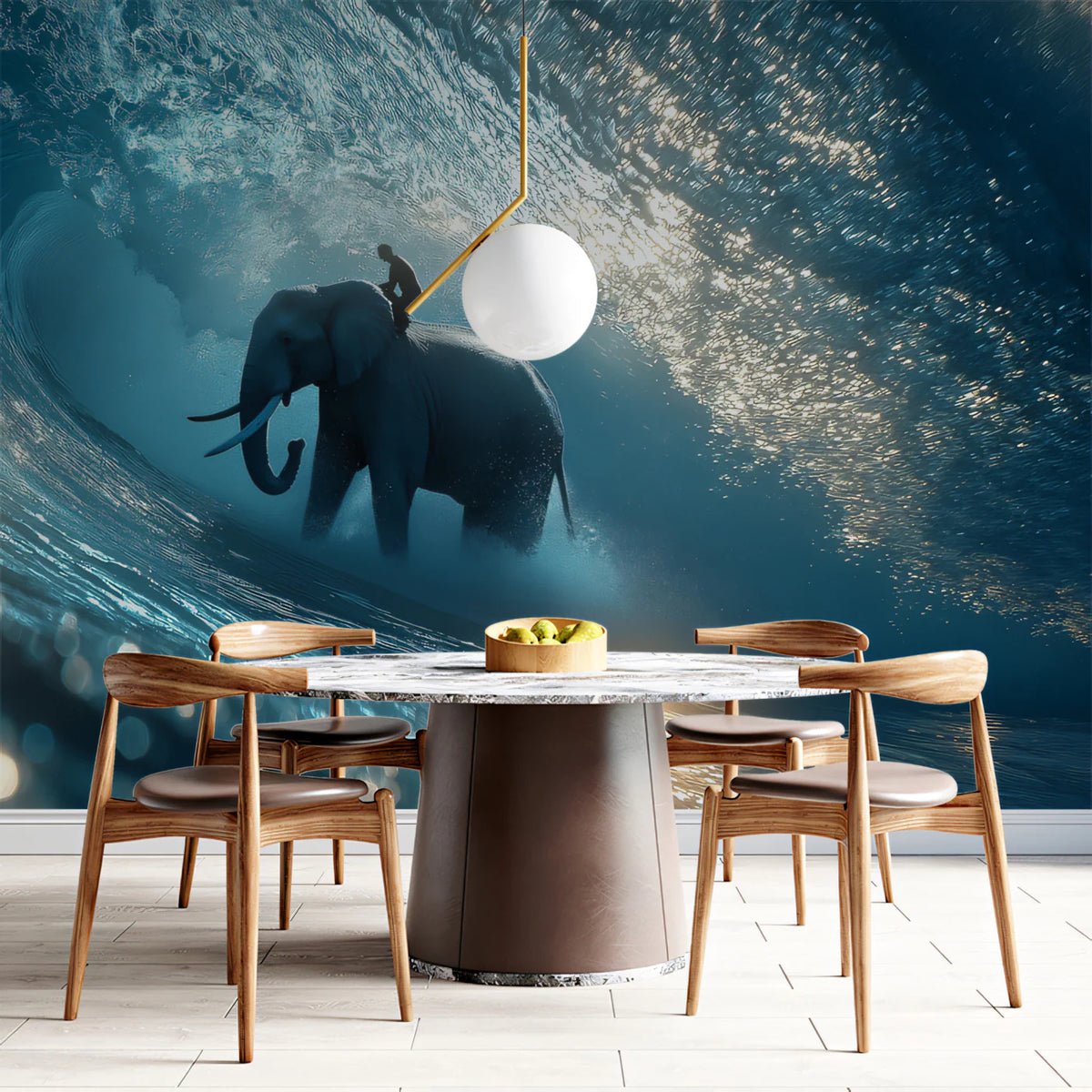 Surreal Elephant Surfing Wave Mural Wallpaper — Cinematic Ocean Art Mural Wallpaper - room preview 02