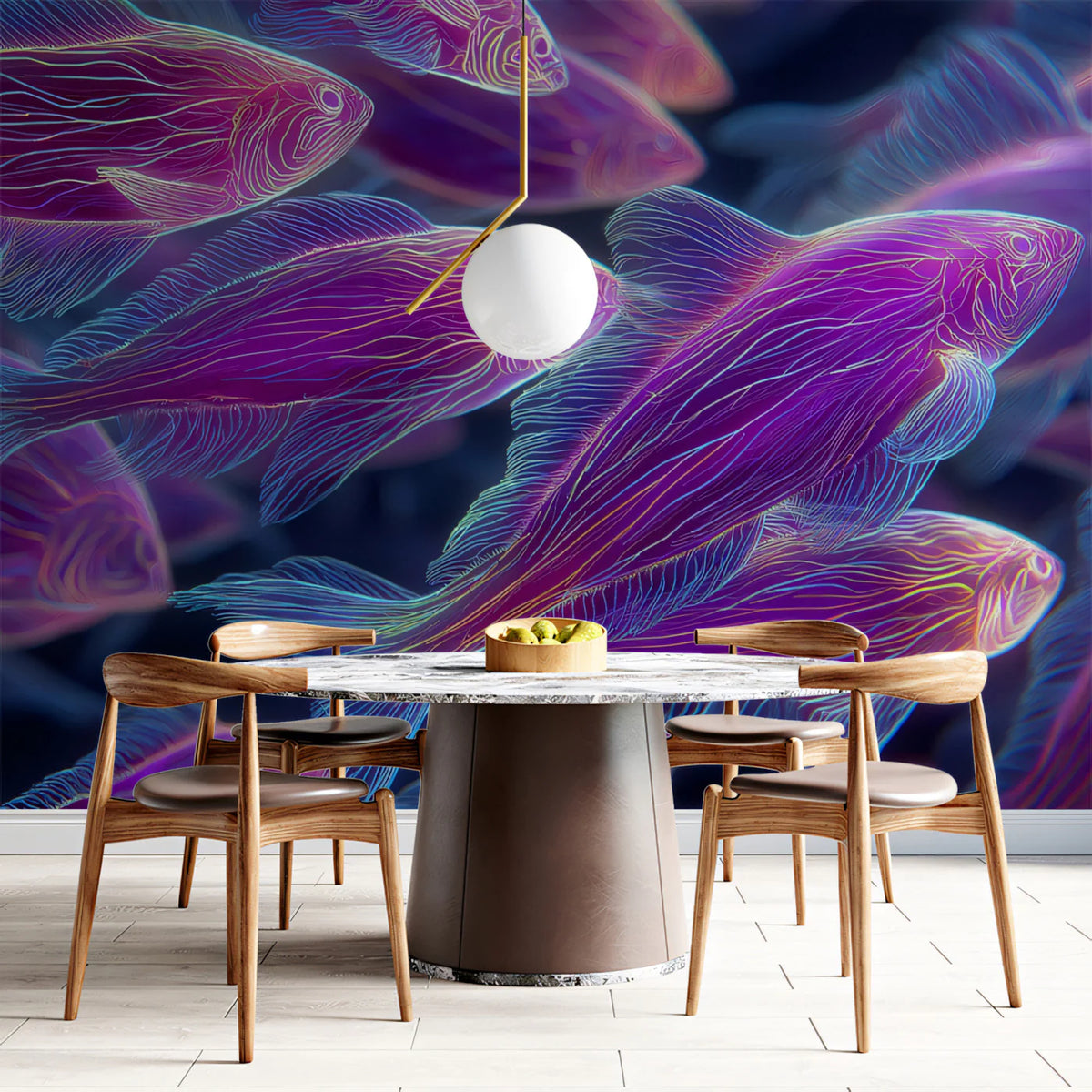 Neon School of Fish Mural Wallpaper in Electric Pink and Purple Mural Wallpaper - room preview 02