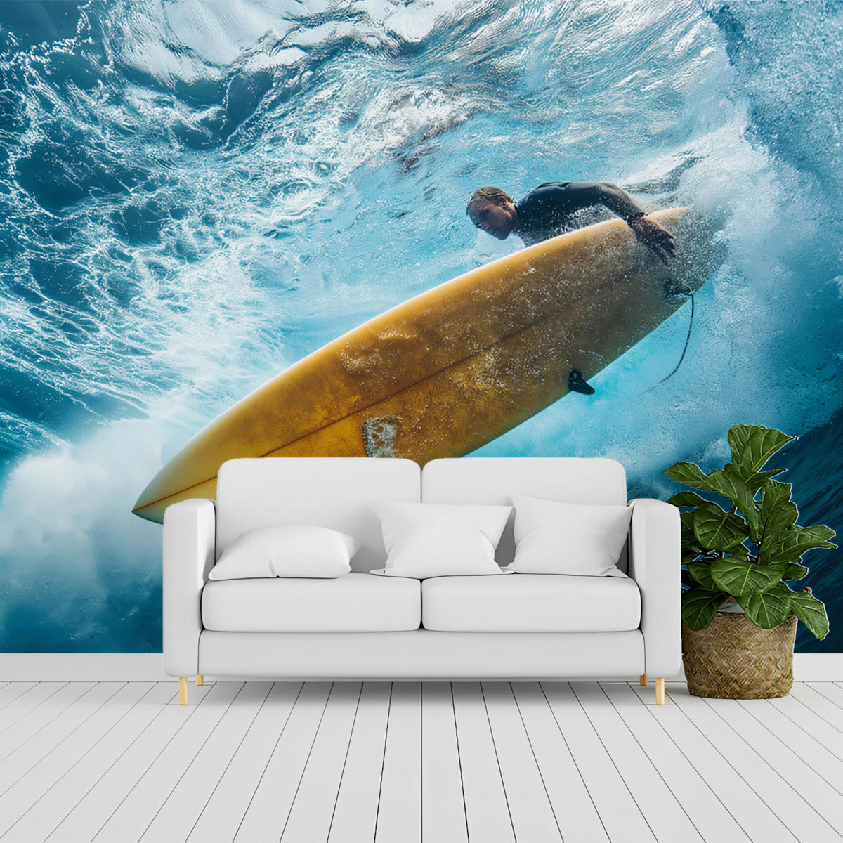 Submerged Surfer Mural Wallpaper — Dynamic Ocean Wave Mural Wallpaper - room preview 02