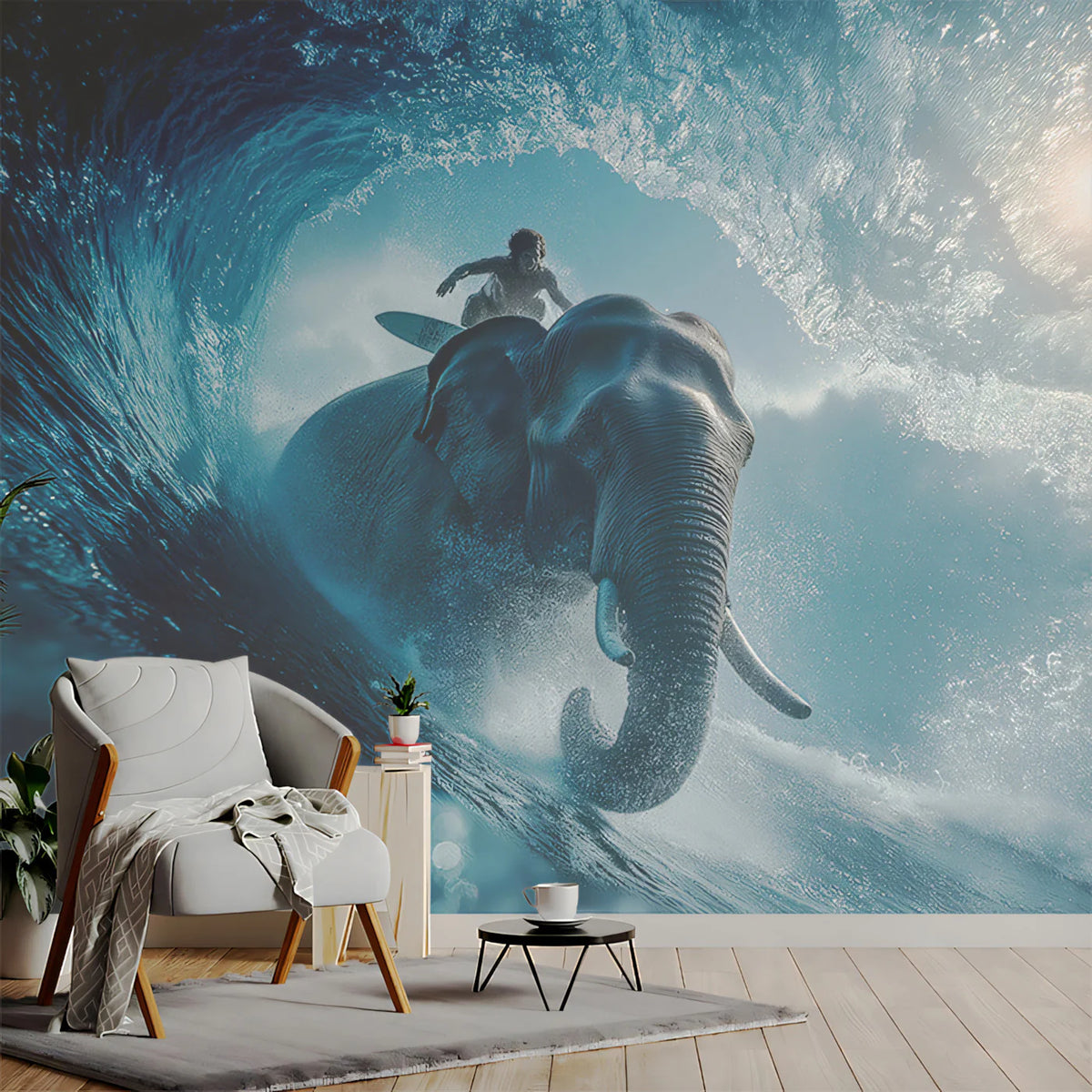 Elephant Surfer Ocean Wave Mural Wallpaper — Dynamic Marine Scene Mural Wallpaper - room preview 02