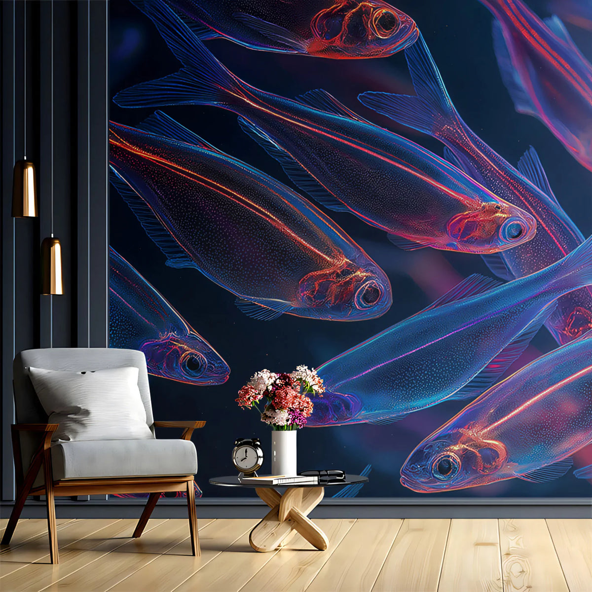 Neon Bioluminescent School of Fish Mural Wallpaper - room preview 02