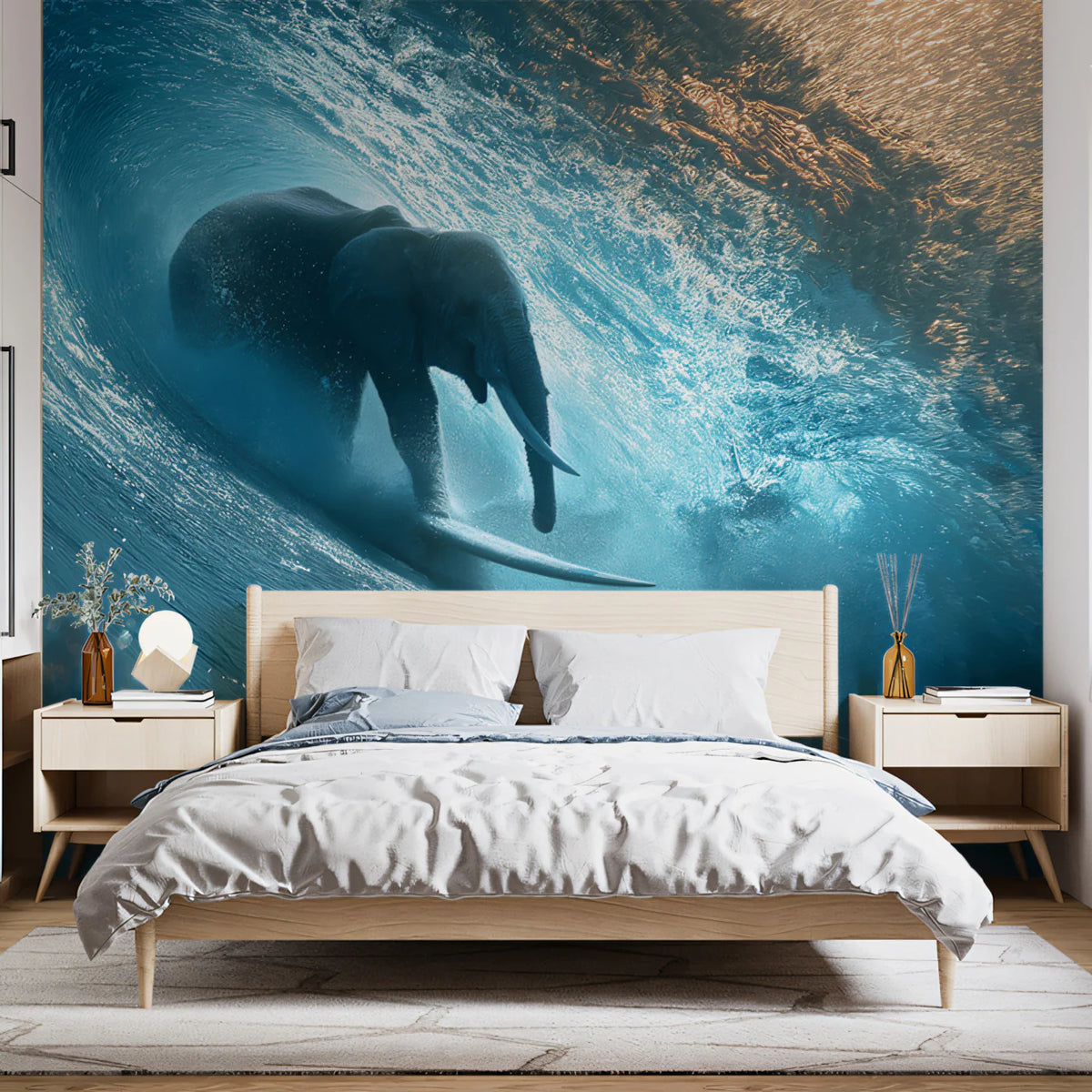 Elephant Surfing Wave Mural Wallpaper — Surreal Coastal Art Mural Wallpaper - room preview 02